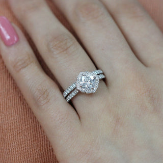 1.0CT Floral Cushion Cut Moissanite Halo Bridal Engagement Ring Set