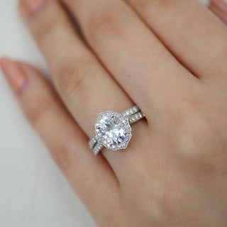 1.50CT Vintage Floral Oval Cut Moissanite Halo Bridal Engagement Ring Set