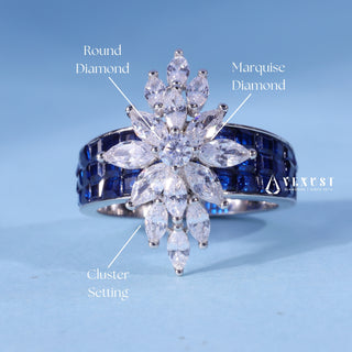 Round Marquise Moissanite Cluster Engagement Ring with centre stone measurement details