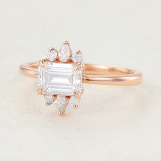 0.92 CT Emerald Brilliant Cluster Moissanite Engagement Ring close up