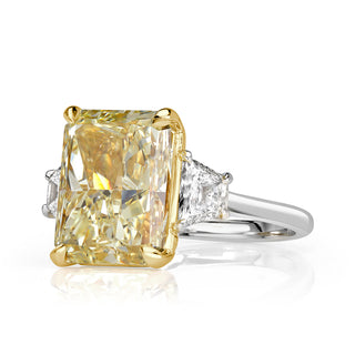 Light yellow radiant three stone moissanite ring front view