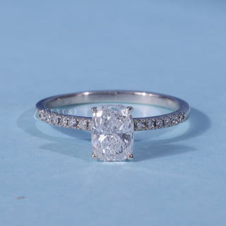 Pave Elongated Cushion Cut Moissanite Ring front view with upright centre stone