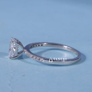 Front standing view of the Pave Elongated Cushion Cut Moissanite Ring showing the prong setting