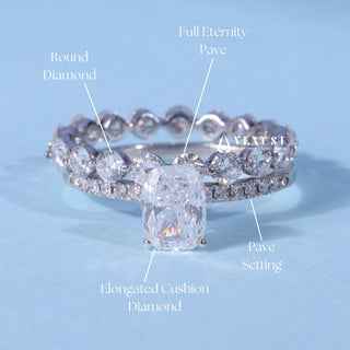 1.0CT Elongated Cushion Moissanite Diamond Pave Engagement Ring With Wedding Band
