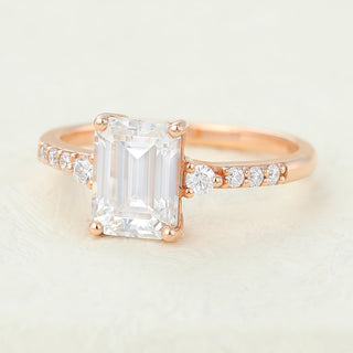 1.60 CT Emerald Brilliant Pave Moissanite Engagement Ring close up