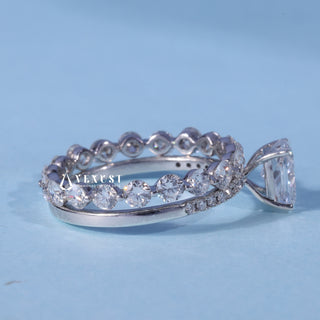 1.0CT Elongated Cushion Moissanite Diamond Pave Engagement Ring With Wedding Band
