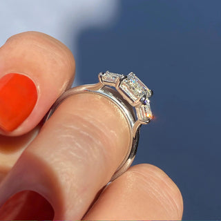 1.91 CT Emerald Cut Three stone Moissanite Engagement Ring angle view