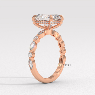 Side profile of a round cut moissanite engagement ring with a hidden halo and pave band from the right
