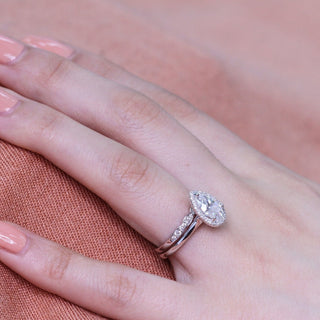 Lustrous 1.50ct pear halo moissanite ring detail view of the band