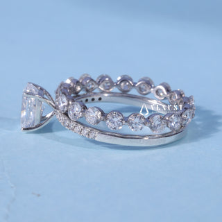 1.0CT Elongated Cushion Moissanite Diamond Pave Engagement Ring With Wedding Band