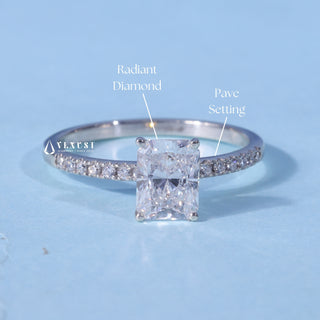 Pave Radiant Cut Moissanite Engagement Ring with centre stone measurement details