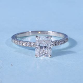 Pave Radiant Cut Moissanite Engagement Ring front view with upright centre stone