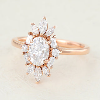 0.84 CT Oval Cluster Classic Moissanite Engagement Ring close up