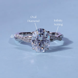 Oval Cut Pave Infinity Moissanite Engagement Ring with centre stone measurement details