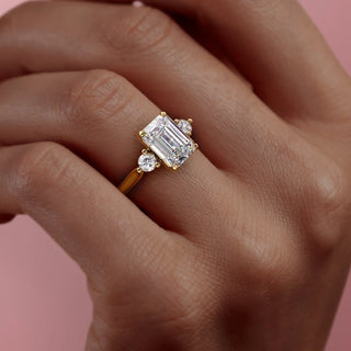 1.91 CT Emerald Three stone Halo Moissanite Engagement Ring full view