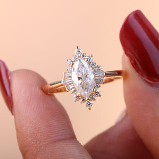0.75ct Marquise Cut Cluster Diamond Moissanite Vintage Style Engagement Couple Ring Design