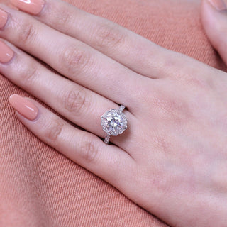 Shimmering 2.30ct cushion halo moissanite ring overhead view