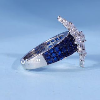 Round Marquise Moissanite Cluster Engagement Ring resting on its side showing the slim band
