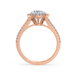 Radiant 0.50ct round halo moissanite ring shown on a finger
