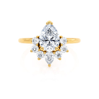 Classic 1.50ct pear cluster moissanite ring angled view showing its sparkle