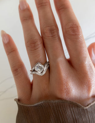 1.0CT-2.0CT Asscher Moissanite Diamond By Pass Engagement Ring With Matching Pave Curved Band