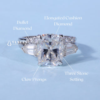2.50ct Elongated Cushion Moissanite Diamond Three Stone Engagement Rings With Wedding Band