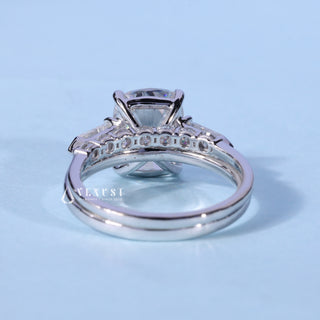 2.50ct Elongated Cushion Moissanite Diamond Three Stone Engagement Rings With Wedding Band