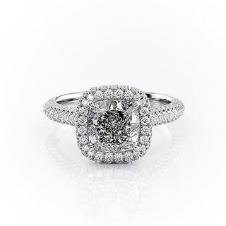 1.8CT Cushion Cut Halo Three Side Pave Diamond Moissanite Engagement Ring