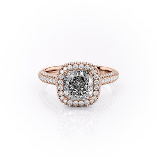 1.8CT Cushion Cut Halo Three Side Pave Diamond Moissanite Engagement Ring