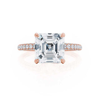 Delicate 1.30ct asscher hidden halo moissanite ring angled view showing its sparkle