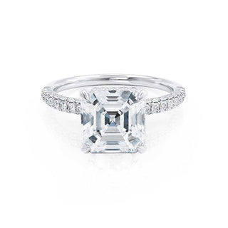 Delicate 1.50ct asscher hidden halo moissanite ring front view