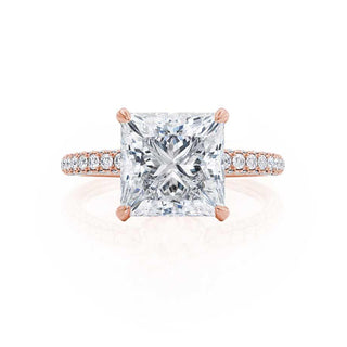 Bold 1.20ct princess hidden halo moissanite ring angled view showing its sparkle