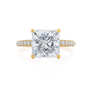 Graceful 1.50ct princess hidden halo moissanite ring angled view showing its sparkle