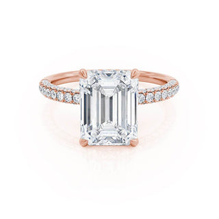 Refined 1.75ct emerald hidden halo moissanite ring side profile view