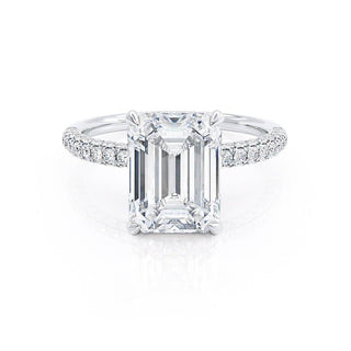 Sparkling 1.75ct emerald hidden halo moissanite ring side profile view