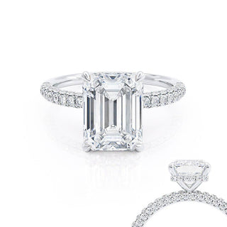Elegant 1.75ct emerald hidden halo moissanite ring close up of the setting