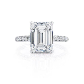 Elegant 1.75ct emerald hidden halo moissanite ring shown on a finger