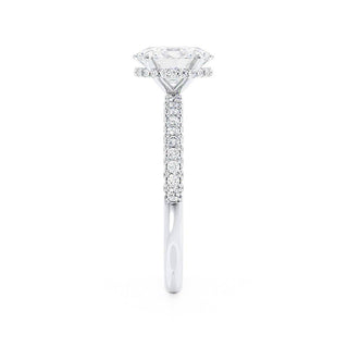 Shimmering 1.50ct oval hidden halo moissanite ring shown on a finger