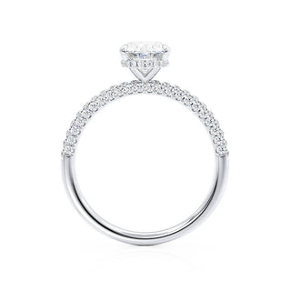 Gorgeous 4.20ct oval hidden halo moissanite ring shown on a finger