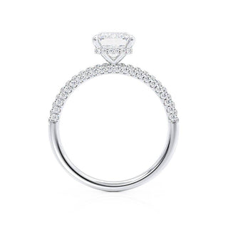 Elegant 1.75ct emerald hidden halo moissanite ring three quarter angled view