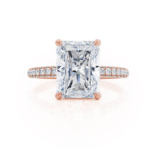 Luminous 1.80ct radiant hidden halo moissanite ring angled view showing its sparkle