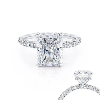 Luminous 1.80ct radiant hidden halo moissanite ring side profile view