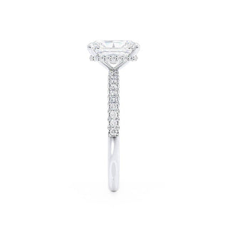 Sparkling 1.80ct radiant hidden halo moissanite ring close up of the setting