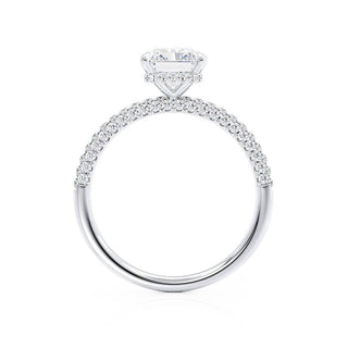 Sparkling 1.80ct radiant hidden halo moissanite ring shown on a finger