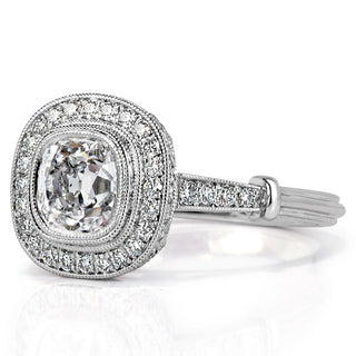 Old mine cushion halo moissanite engagement ring side detail view