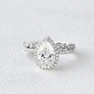 1.80CT Pear Cut Moissanite Halo Engagement Ring with Vintage Style Wedding Band