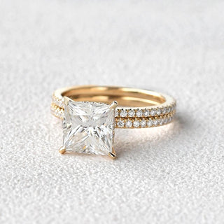 1.50CT Princess Cut Moissanite Hidden Halo Engagement Ring with Full Eternity Wedding Band