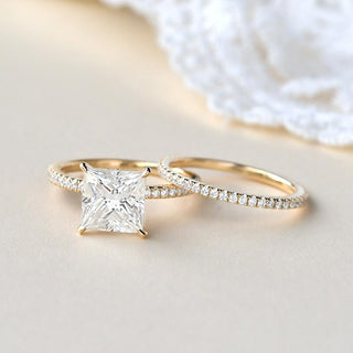 1.50CT Princess Cut Moissanite Hidden Halo Engagement Ring with Full Eternity Wedding Band