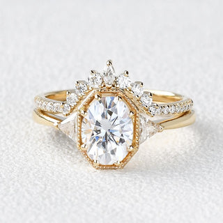 1.21CT Oval Moissanite 3 Stone Engagement Ring with Curved Stacking Band