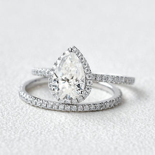 Stunning 1.33ct pear halo moissanite ring angled view showing its sparkle